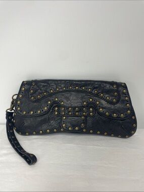 Kooba Black Leather Studded Wristlet Clutch with Brass Accents